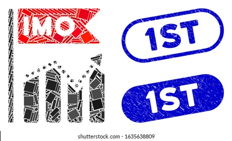 Collage IMO chart trend and grunge stamp seals with 1St caption. Mosaic vector IMO chart trend is created with scattered rectangle items. 1St stamp seals use blue color,