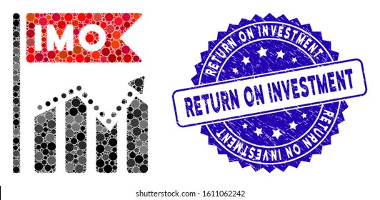 Collage IMO chart trend icon and rubber stamp seal with Return on Investment text. Mosaic vector is created from IMO chart trend icon and with randomized round spots.