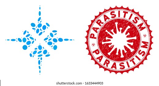 Collage impact arrows icon and red rounded rubber stamp seal with Parasitism text and coronavirus symbol. Mosaic vector is designed with impact arrows pictogram and with randomized elliptic items.