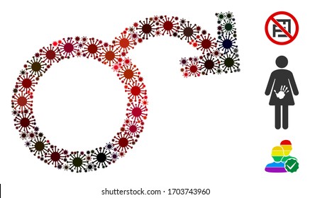 Collage impotence composed of SARS virus items in random sizes, red colors. Vector pathogen items are organized into abstract collage impotence icon. Some bonus icons are added.