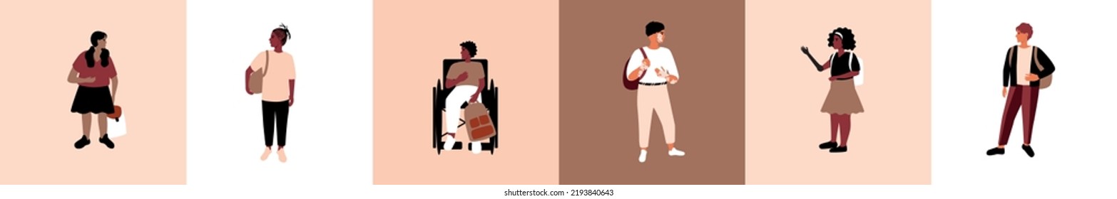 Collage con niños inclusivos con discapacidad o prótesis, ilustración de vectores planos establecida con diferentes escolares, niñas y niños