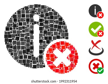 Collage Icono de información incorrecta unido de elementos cuadrados de varios tamaños y tonos de color. Los elementos cuadrados vectoriales se unen en el icono de información incorrecta de la ilustración abstracta. Se añaden pictogramas bonificados.