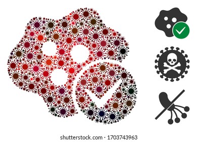 Collage infected constructed from coronavirus items in various sizes, red colors. Vector viral items are arranged into abstract collage infected icon. Some bonus icons are added.