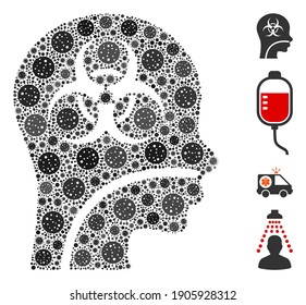 Collage infected patient composed of coronavirus icons in variable sizes and color hues. Vector pathogen icons are composed into abstract composition infected patient icon. Some bonus icons are added.