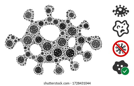Celda de infección por collage diseñada a partir de íconos del virus de la gripe en diferentes tamaños y colores. Los elementos de infección vectorial se componen en un icono de celda de infección de collage abstracto. Se añaden algunos iconos adicionales.