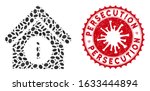 Collage info building icon and red rounded distressed stamp seal with Persecution text and coronavirus symbol. Mosaic vector is created with info building icon and with randomized oval elements.