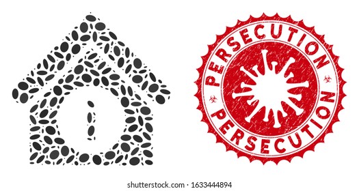 Collage info building icon and red rounded distressed stamp seal with Persecution text and coronavirus symbol. Mosaic vector is created with info building icon and with randomized oval elements.