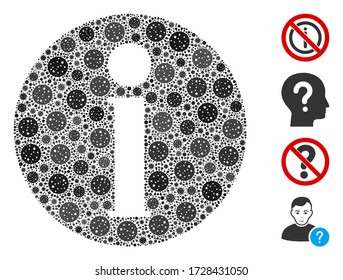 Collage info organized from covid-2019 virus items in various sizes and color hues. Vector infection parts are organized into abstract collage info icon. Some bonus icons are added.