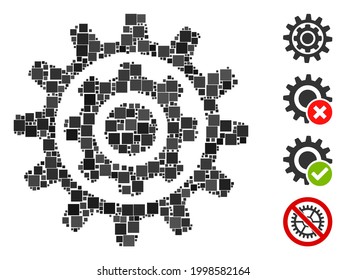 Collage Inner gear icon designed from square elements in variable sizes and color hues. Vector square elements are grouped into abstract collage inner gear icon. Bonus pictograms are added.