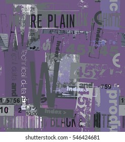 The collage of inscriptions font in  gray and white a seamless pattern on a violet background.