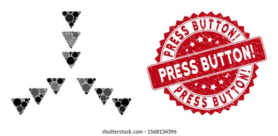 Collage inside direction and distressed stamp seal with Press Button! text. Mosaic vector is designed with inside direction icon and with scattered circle items.