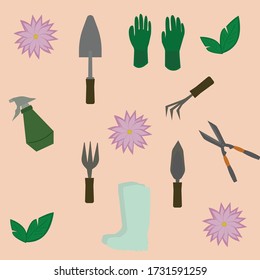 collage instruments for gardening leaves and flowers