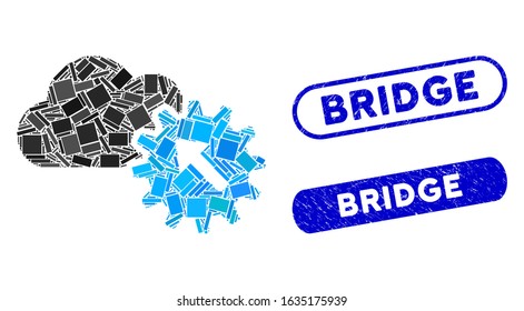 Collage integration and grunge stamp seals with Bridge phrase. Mosaic vector integration is composed with scattered rectangle items. Bridge stamp seals use blue color, and have round rectangle shape.