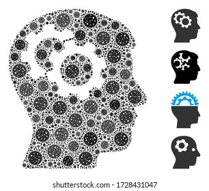 Collage intellect gears constructed from coronavirus items in random sizes and color hues. Vector pathogen icons are combined into abstract collage intellect gears icon. Some bonus icons are added.
