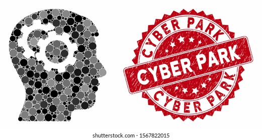 Collage intellect gears and corroded stamp seal with Cyber Park phrase. Mosaic vector is formed with intellect gears icon and with randomized round elements. Cyber Park stamp seal uses red color,