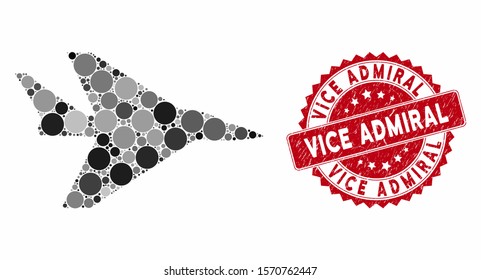 Collage intercepter plane and corroded stamp seal with Vice Admiral text. Mosaic vector is composed with intercepter plane icon and with random circle elements. Vice Admiral stamp seal uses red color,