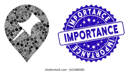Collage interest pin marker icon and rubber stamp seal with Importance caption. Mosaic vector is created with interest pin marker icon and with random circle elements.