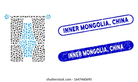 Collage de cortinas interiores y sellos de sellos corroídos con la frase Mongolia interior, China. Las cortinas interiores vectoriales mosaicas se componen de piezas ovales aleatorias. Mongolia interior,