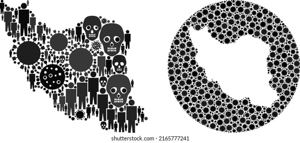 Mapa del Collage Irán organizado a partir de elementos del virus y humanos y elementos de la muerte. Virus de la gripe: mosaico cartográfico de Irán diseñado con círculo y esténcil. Los collages están diseñados para la medicina agitprop.