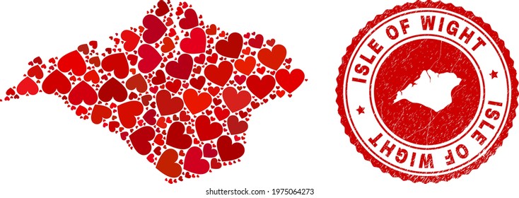 Collage Isle of Wight map composed with red love hearts, and scratched seal stamp. Vector lovely round red rubber seal imprint with Isle of Wight map inside.