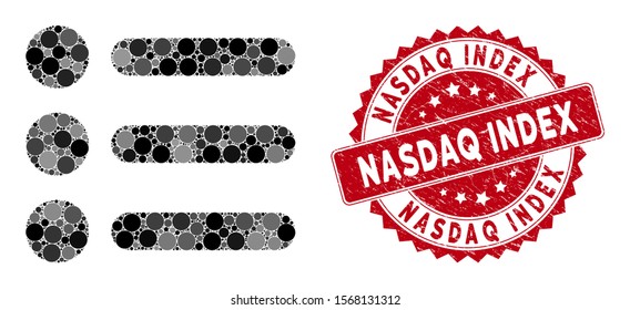 Collage items and grunge stamp seal with Nasdaq Index caption. Mosaic vector is created with items icon and with random round elements. Nasdaq Index stamp uses red color, and grunge texture.
