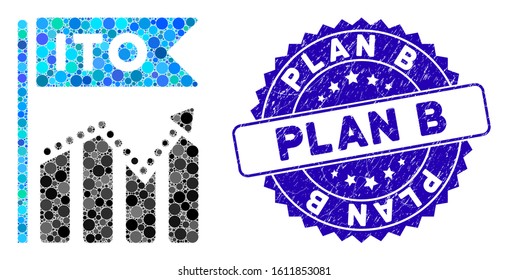Collage ITO chart icon and rubber stamp seal with Plan B phrase. Mosaic vector is composed from ITO chart icon and with random spheric items. Plan B stamp uses blue color, and rubber design.
