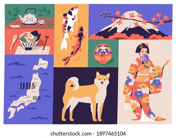 Collage de la cultura, el arte y las tradiciones nacionales japonesas. Cocina tradicional, muñeca dharma, mapa de Japón, geisha en kimono, perro Akita Inu, montaña Fuji y peces koi. Ilustración de vector plano de color