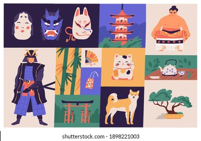 Collage of Japanese national culture, art, sport and traditions. Traditional Japan buildings, bonsai tree, masks, Akita dog, sumo wrestler, samurai warrior and omamori with succes wish. Flat vector