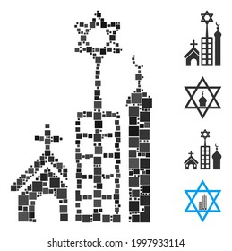Collage Jerusalem city icon composed of square items in variable sizes and color hues. Vector square items are composed into abstract collage Jerusalem city icon. Bonus icons are added.