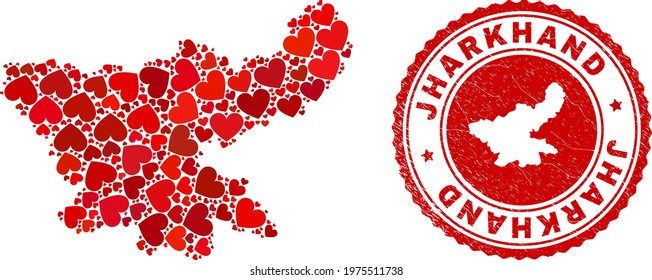 Collage Jharkhand State map designed with red love hearts, and corroded seal stamp. Vector lovely round red rubber stamp imprint with Jharkhand State map inside.