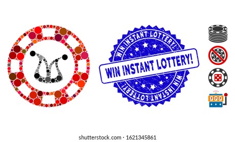 Collage joker casino chip icon and rubber stamp seal with Win Instant Lottery! caption. Mosaic vector is formed from joker casino chip icon and with scattered round elements.