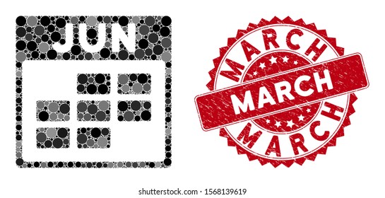 Collage June calendar grid and rubber stamp seal with March text. Mosaic vector is formed with June calendar grid icon and with randomized round elements. March stamp uses red color,