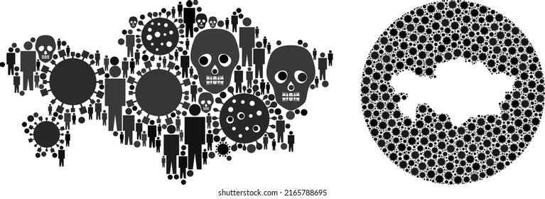 Mapa de la colección de Kazajistán diseñado a partir de objetos del coronavirus y humanos y elementos de la cabeza muerta. Collage de mapas de Kazajistán con virus pandémicos diseñado con un espacio circunflejo y restado.
