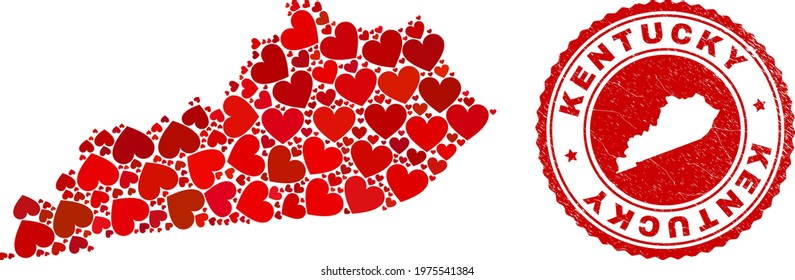 Collage Kentucky State map designed with red love hearts, and textured badge. Vector lovely round red rubber badge imitation with Kentucky State map inside.