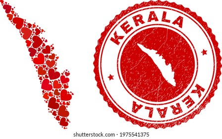 Collage Kerala State map designed with red love hearts, and grunge stamp. Vector lovely round red rubber stamp imitation with Kerala State map inside.