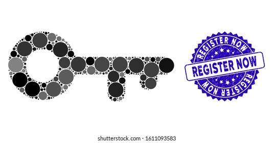 Collage key icon and distressed stamp seal with Register Now text. Mosaic vector is designed with key icon and with scattered circle elements. Register Now stamp seal uses blue color,