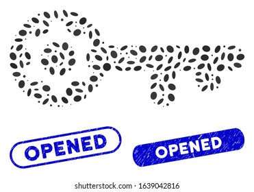 Collage key options and distressed stamp seals with Opened caption. Mosaic vector key options is designed with randomized ellipse elements. Opened stamp seals use blue color,