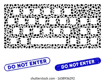 Collage keyboard and grunge stamp seals with Do Not Enter text. Mosaic vector keyboard is composed with scattered ellipse dots. Do Not Enter stamp seals use blue color, and have round rectangle shape.