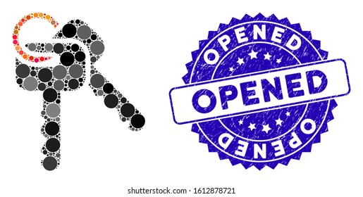 Collage keys icon and rubber stamp seal with Opened phrase. Mosaic vector is composed with keys pictogram and with random spheric spots. Opened stamp seal uses blue color, and rubber surface.