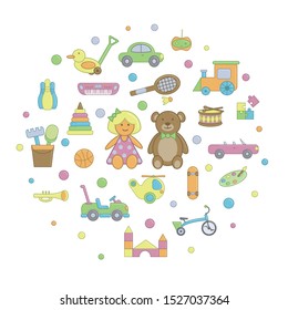 Collage of kids toys and bubbles. Flat design icons with pastel colors. Vector illustration isolated on white background. 