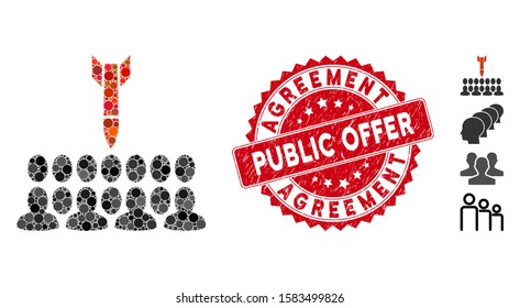 Collage kill all the people icon and grunge stamp seal with Public Offer Agreement text. Mosaic vector is composed with kill all the people icon and with randomized spheric elements.