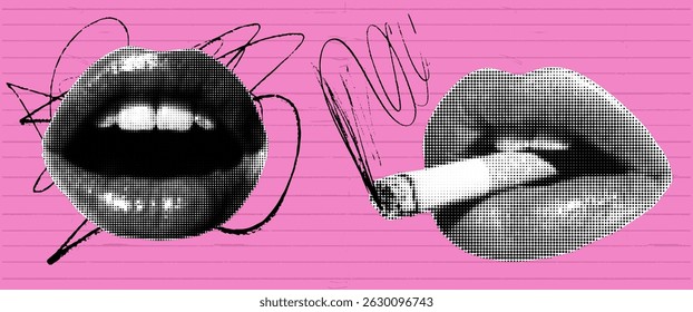 Kit de collage de 2 bocas y labios con gesto sexy y cigarrillo de humo. En el bolso rosa con garabatos de tinta negra. Elementos de recorte de Vector 