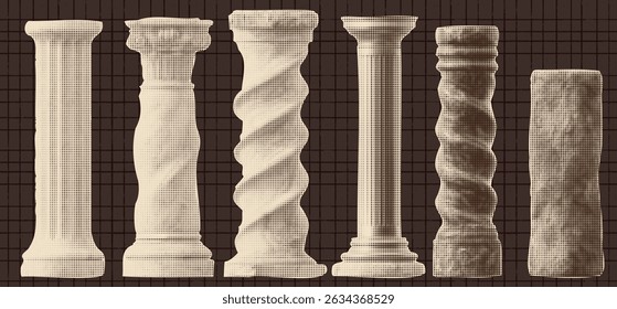 Collage kit with columns collection. Halftone elements for vintage design. Cutout stickers at the checkered brown  bg. Pillar and architect concept