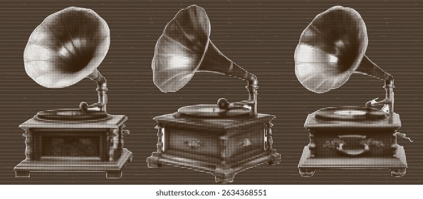 Kit de colagem com fonógrafos e gramofone. Elementos Grunge para design vintage. Recortar adesivos no bg listrado marrom e bege. Conceito musical