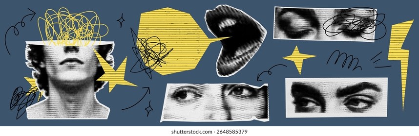 Collage kit set cabeça homem olhos fechar boca fala rabiscar com lábios e olho em estilo de scrapbook arte retro abstrato para pop conceito cartaz ilustração.