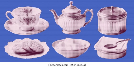 Collage kit with tea cup collection. Grunge elements for vintage design. Cutout stickers at the blue striped bg. Tea and coffee concept