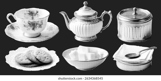 Collage kit with tea cup collection. Halftone elements for vintage design. Cutout stickers at the black  bg. Tea and coffee concept