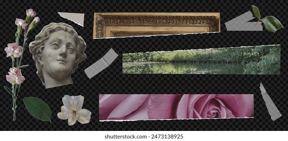 Collage kit of vintage elements. Sculture head and flowers and pieces of paper. On transparent dark background as a png. Baroque aesthetic. Vintage halfone effect