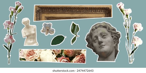 Collage kit of vintage sticker elements for scrapbook. Sculture head and flowers and pieces of paper. On blue background as a png. Baroque aesthetic. Vintage halfone effect