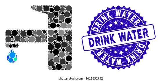 Collage kitchen tap icon and rubber stamp seal with Drink Water text. Mosaic vector is composed with kitchen tap pictogram and with random spheric elements. Drink Water stamp seal uses blue color,